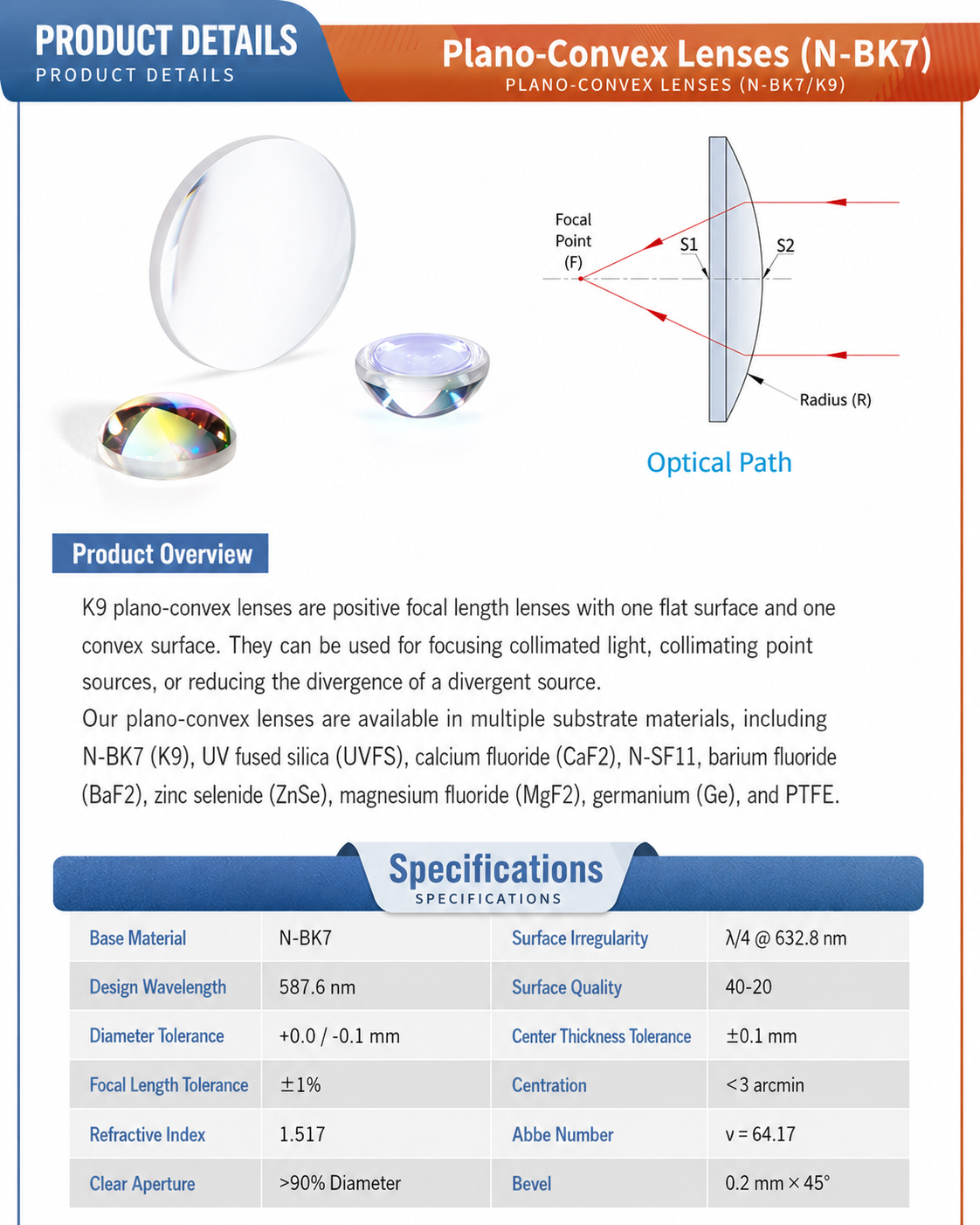 N-BK7 plano-convex lens product details and optical path diagram